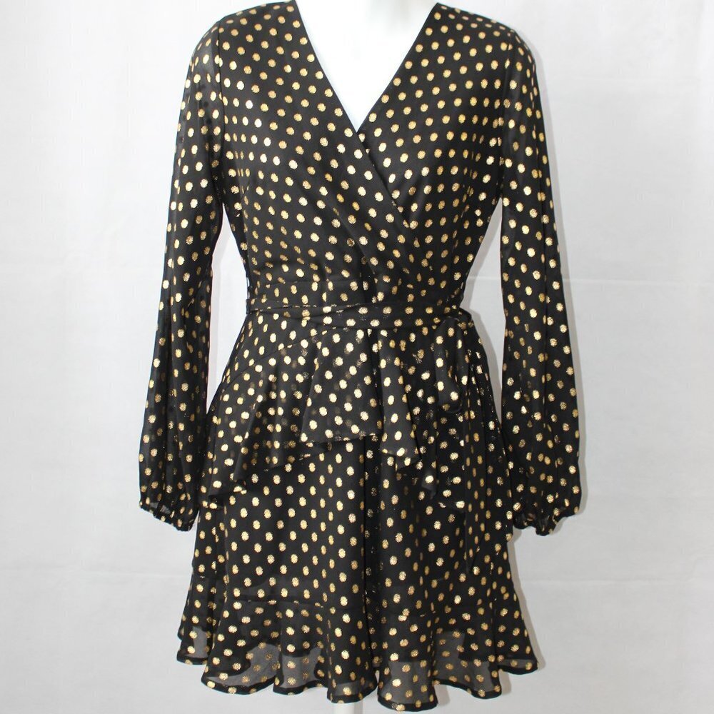 Altar'd State Women's Tiered Black and Gold Polka Dot V neck Dress Size Small